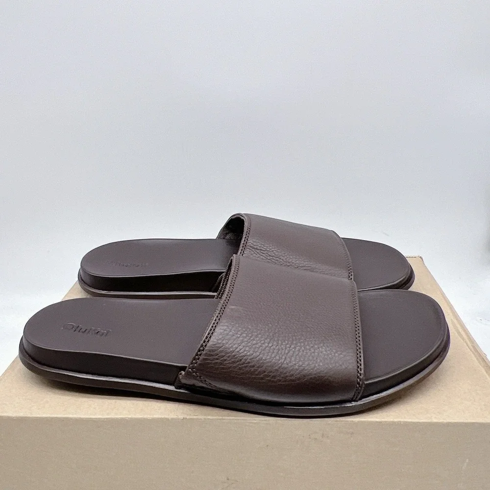 Olukai Olali Men's Slides Sandals Dark Java Brown Leather Size EU 45 US 12 NEW